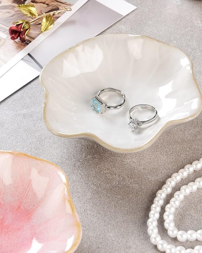 JAMEND CLXP 2PCS Lotus Leaf Shape Ring Holder Dish, Small Key Bowl, Ceramic Trinket Tray Jewelry Dish Organizing Necklace Earrings for Mom Friend Sister, All Jewelries Are NOT Included. White +Pink.…