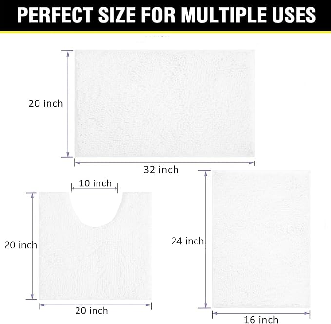 White Bathroom Rugs Chenille 3-Piece Extra Soft and Absorbent Shag White Bath Mat, Machine Wash Mat, Strong PVC Non-Slip Underside, Plush Carpet Mats