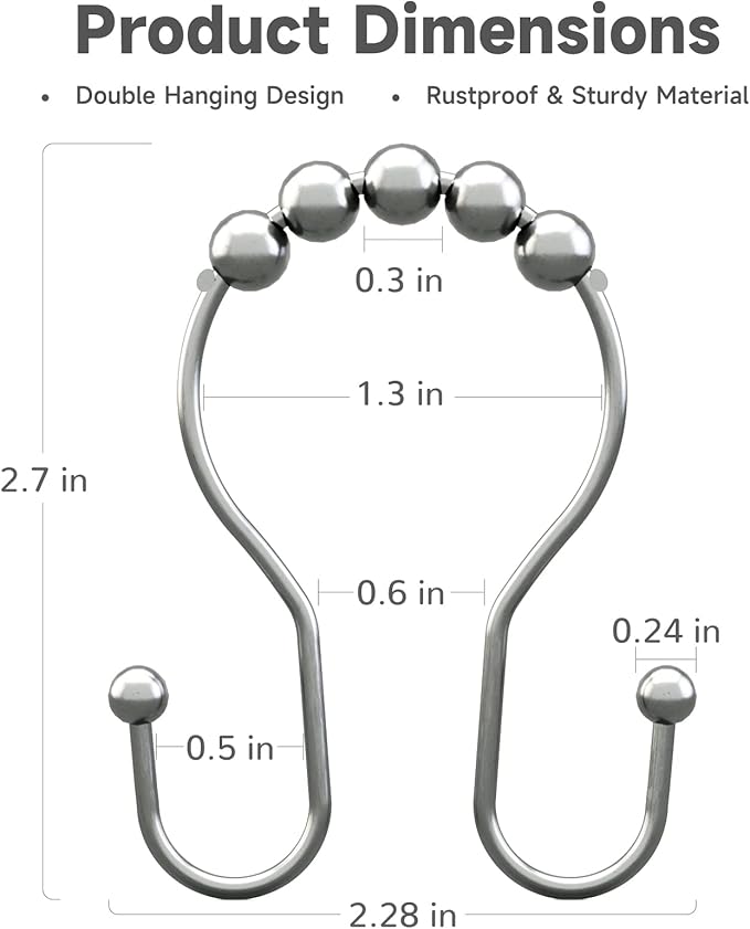Bathway Shower Curtain Hooks Chrome Shower Curtain Rings Rust Proof, Smooth Glide Double Shower Curtain Hooks, 12Pcs Shower Curtain Hangers, Shower Hooks for Shower Curtain Bathroom Shower Rod Hooks