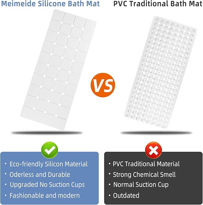Bathtub Mat Non-Slip Silicone Soft Odorless Large Bath Mat No Suction Cups for Refinished,Reglazed and Textured Shower Mats Non Slip Extra Long Tub Mat (16x40inch White)