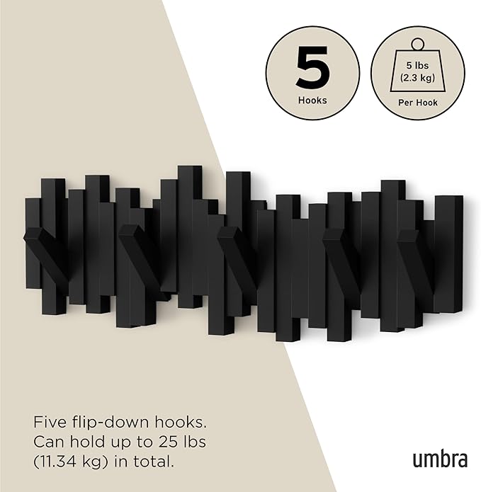 Umbra Sticks Wall-Mounted Coat Rack Rail Hook with 5 Retractable Pegs – Modern, Space-Saving Storage Organizer, Black