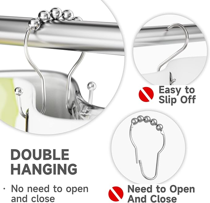 Bathway Shower Curtain Hooks Chrome Shower Curtain Rings Rust Proof, Smooth Glide Double Shower Curtain Hooks, 12Pcs Shower Curtain Hangers, Shower Hooks for Shower Curtain Bathroom Shower Rod Hooks