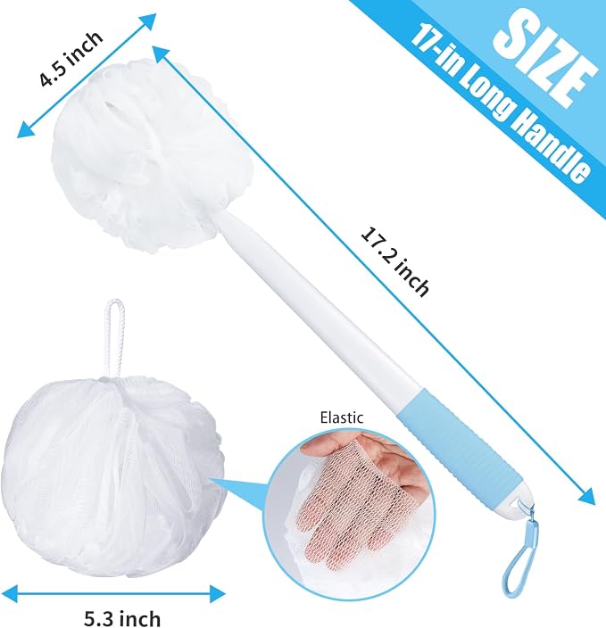VANZAVANZU Loofah Sponge Set Back Scrubber for Shower, Anti-Slip Plastic 17" Handle Loofah on a Stick with Fluffy Shower Sponge, PE Soft Mesh Shower Loofahs-White with Blue Grip