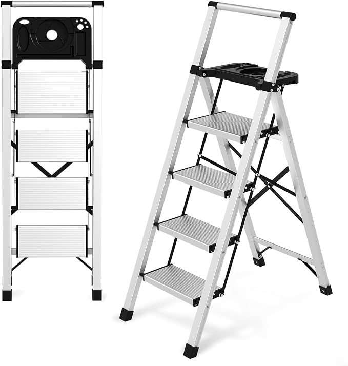 4 Step Ladder with Tool Tray - 600lbs Heavy Duty Lightweight Step Stool with Extended Handrails, Work Platform for Home Maintenance & DIY Projects