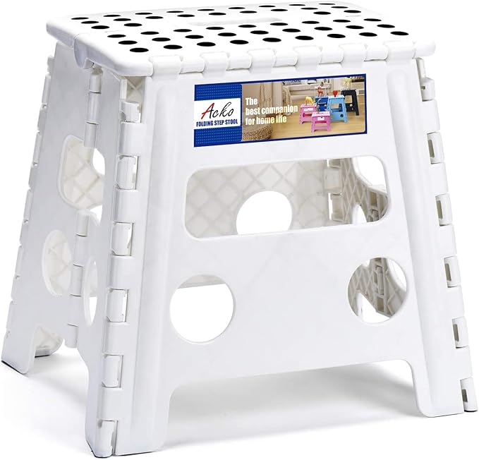 ACKO Folding Step Stool 13 Inch, Sturdy Collapsible Step Stool Foldable Up to 300 lbs for Adults & Kids, Non Slip Lightweight Foot Stools with Handle, Ideal for Kitchen, Bathroom, Bedroom, Garden