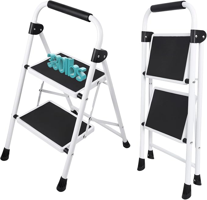OLIXIS 2 Step Ladder, 330lbs Heavy Duty Sturdy Step Stool with Anti-Slip Pedal & Comfortable Handrail, Portable Step Stool for Kitchen, Garage & Outdoor Use - Black