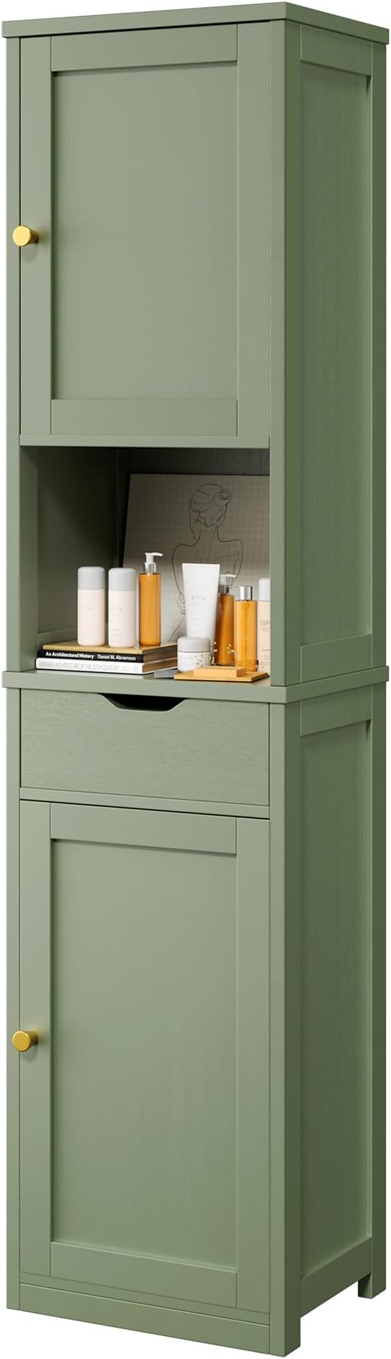 Vongrasig Tall Bathroom Storage Cabinet, 64”H Narrow Storage Unit for Small Spaces, Freestanding Modern Cabinet with Adjustable Shelves for Bathroom, Living Room, Kitchen, Green