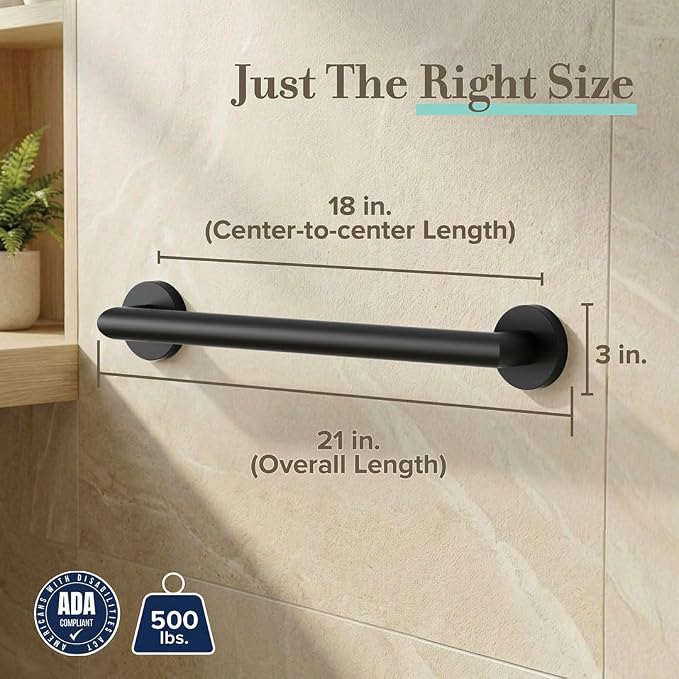 Gatco 962MX Glam ADA Compliant Grab Bar, 18-Inch Matte Black Bathroom Safety Grab Bar, Wall Mounted Stainless Steel Shower Handle, Heavy Duty Safety Rail for Bathtub, Shower, Toilet & Handicap Support