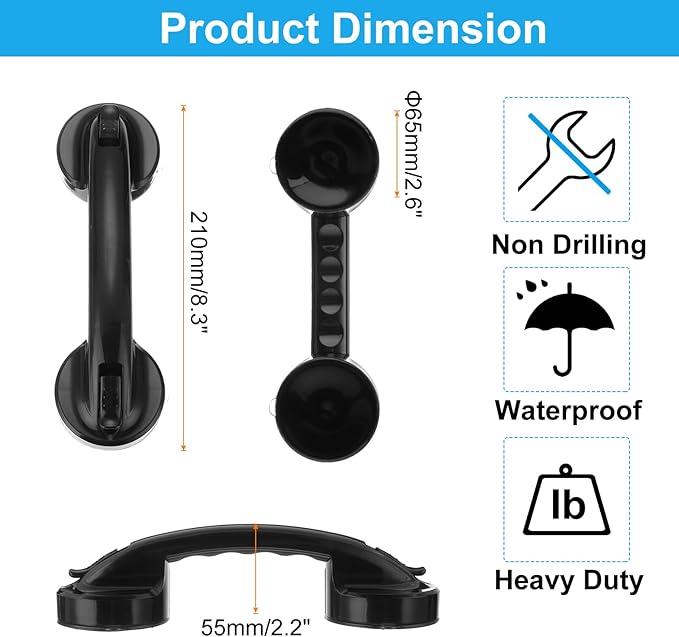 uxcell Grab Bars for Bathtubs and Showers, 8.3" Mirror Glass Door and Window Handles Powerful Shower Suction Cup Anti-Slip Safety Bars for Senior Shower Chairs Black