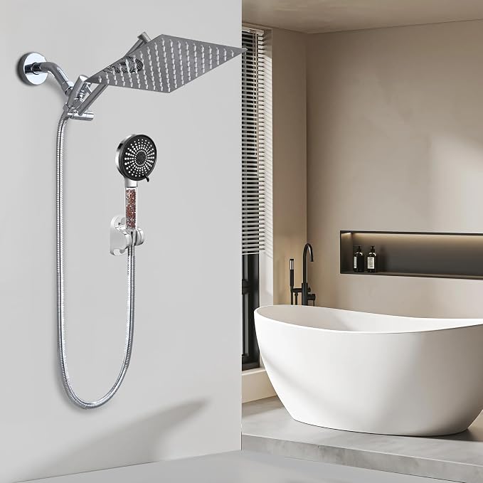 Filtered Shower Head,8”Rain Shower Head with Handheld Spray Combo with 11'' Angle Adjustable Extension Arm/Flow Regulator/Shower System,High Pressure Rainfall Shower Head Bathroom,Chrome