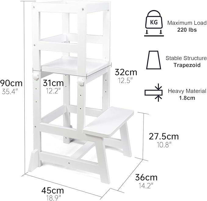 Kitchen Step Stool for Toddlers with Non-Slip Mat, WOOD CITY Wooden Kids Montessori Learning Stool Tower, Toddler Standing Tower Helper for Kitchen Counter and Bathroom Sink(White-Adjustable)