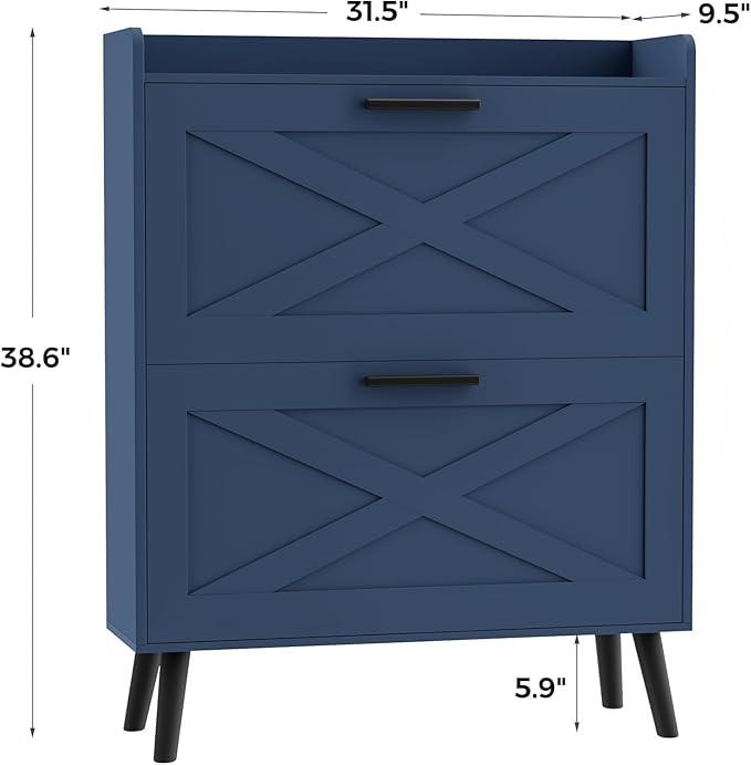Homleke 32" W Farmhouse Shoe Storage Cabinet with 2 Flip Drawers and Barn Door Design, Adjustable Shelves, Modern Hidden Slim Narrow Shoe Rack Cabinet for Entryway, Foyer, Hallway, Living Room, Blue