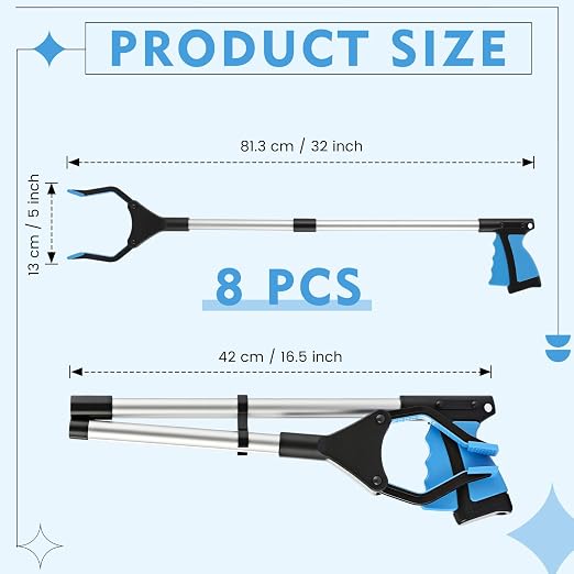 Ctosree 8 Pack 32" Trash Grabber Reacher Tool for Elderly, Foldable Litter Picker Upper, Lightweight Trash Pick up Stick, Long Handy Mobility Aids for Home Garden Arm Extension(Blue)