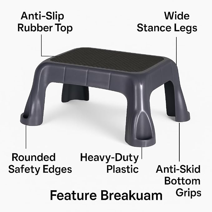 Plastic Step Stool with Stable in-Mold Tread, One-Step Design for Everyday Home Use, Durable Lightweight Build for Kitchen, Closet, and Office – Gray