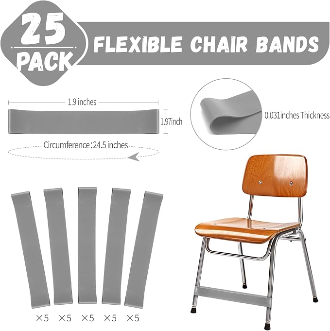 25 Pack Chair Bands for Kids with Fidgety Feet, ADHD Tools for Kids, Improve Focus & Reduce Restlessness, Chair Bands for Sensory ADHD ADD Autism - Classroom & Home Must Haves (Gray)