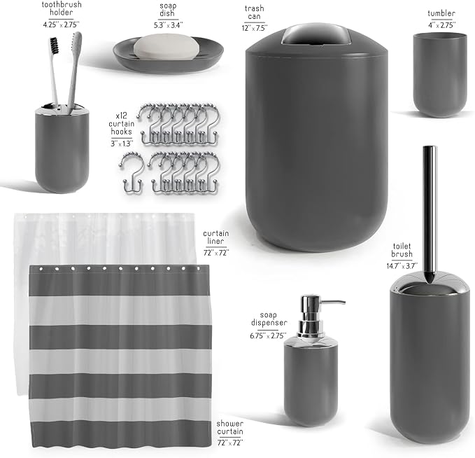 Clara Clark Bathroom Set - Gray Bathroom Accessories Set, 20PC Bathroom Accessory Set, Shower Curtain Set with Liner, Toothbrush Holder, Soap Dispenser, Soap Dish, Toilet Brush Holder, and Trash Can