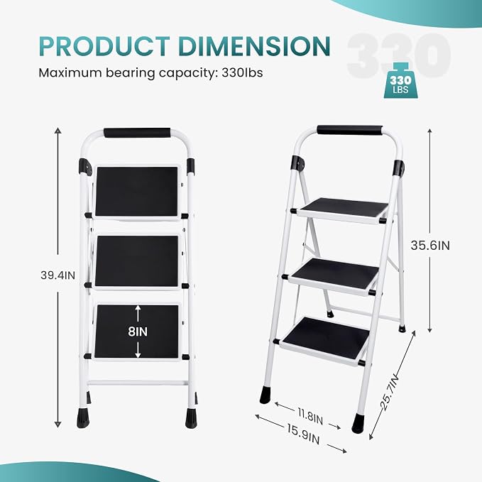 OLIXIS 3 Step Ladder, 330lbs Capacity Foldable Step Stool with Anti-Slip Pedal, Sturdy Steel Ladder & Comfortable Handrail, Protable Heavy Duty Step Stool for Kitchen, Garage, Outdoor Use - Black