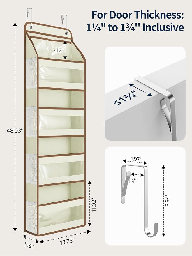 Yecaye 5 Tier 1Pc Over the Door Organizer, Swing-proof Door Organizer Hanging with Clear PVC Windows, Behind the Door Storage for Bedroom Nursery Closet Laundry Pantry Bathroom, Beige