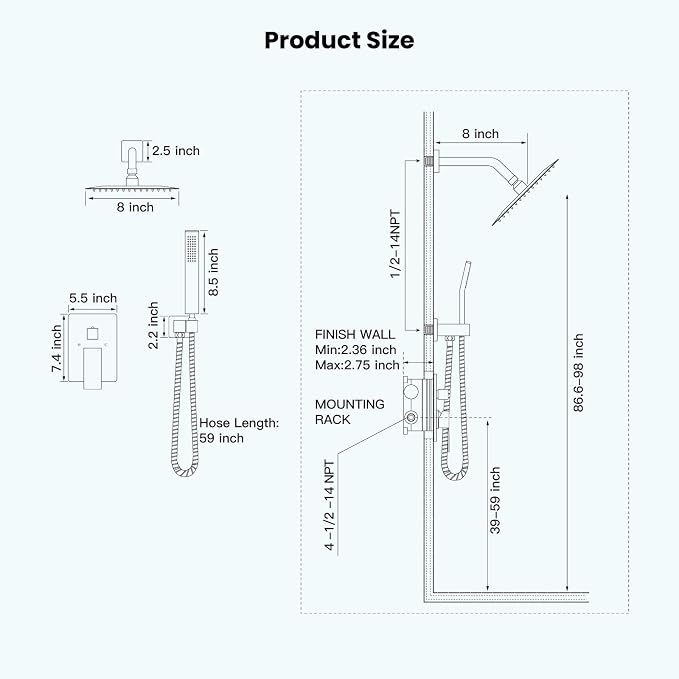 gotonovo Rainfall Bathroom Shower System Rain Shower Head and Handle Set Wall Mounted Shower Complete Combo Solid Brass Pressure Balancing Shower Mixer Valve 8 Inch Brushed Gold