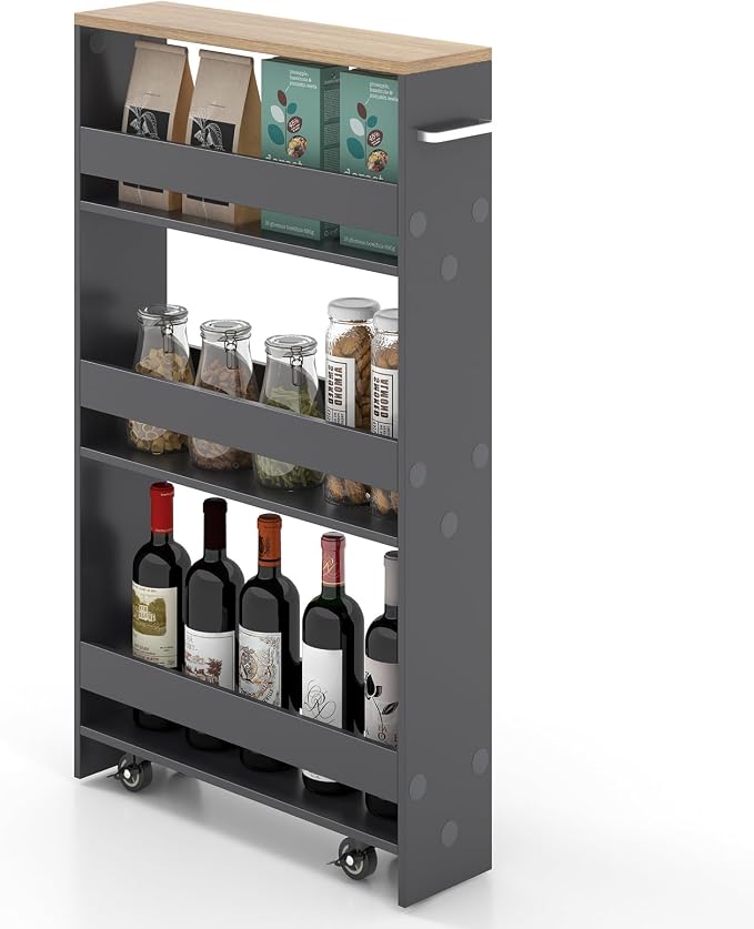 Giantex 4 Tier Rolling Slim Storage Cart, 5" Narrow Slide Out Kitchen Cart w/Handle & Open Shelves, Space-Saving Compact Mobile Utility Trolley for Small Space Laundry Room (Grey & Natural)