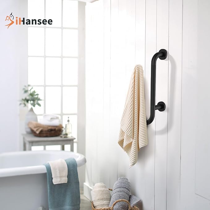𝐔𝐩𝐠𝐫𝐚𝐝𝐞𝐝 Toilet Grab Bars 16 Inch - Toilet Paper Holder Grab Bar Stainless Steel Knurled Toilet Grab Bars for Seniors Bathtub Bathroom Rails for Elderly Bath Safety Balance Support, Black