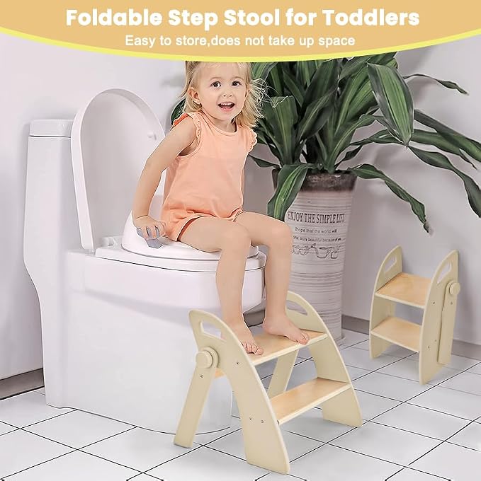 Wooden 2 Step Stool for Toddlers, Foldable 2-Step with Non-Slip Pads and Handles, Bamboo Step Stool for Kids Bathroom Sink and Potty Training, Kitchen Helper, Nursery Bedroom (Log Color)