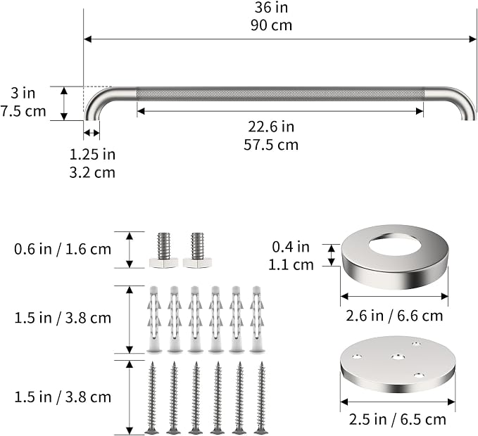 36 Inch Brushed Nickel Shower Grab Bar with Anti-Slip Knurled Grip,YuanDe Stainless Steel Bathroom Grab Bars，Shower Handrail Support, Handicap Elderly Balance Assist Handles