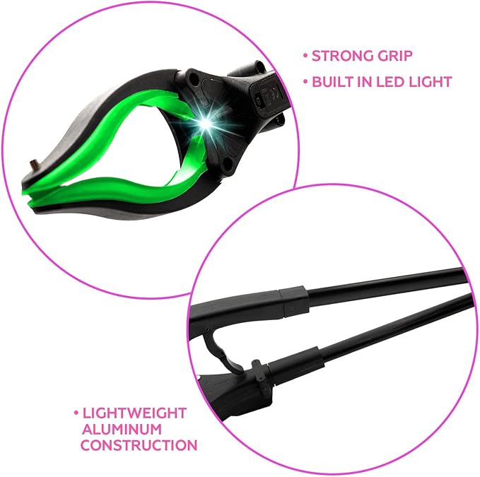 Grabber Tool 19" Aluminum Magnetic Claw with LED Light, Lightweight Foldable Reacher Grabber Pickup Tool, Gripper Grabbers for Elderly Grab it Reaching Tool Trash Picker Grabber, Green, By Luxet