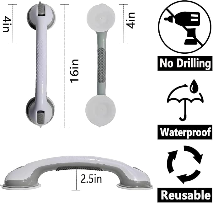 Shower Grab Bars for Seniors, Shower Handles for Elderly Suction Cup,2 Pack 16.24 Inch,Handicap Grab Bars for Bathtubs and Showers Wall, Bathroom Safety for Showers Walls Heavy Duty, No Drilling，Grey