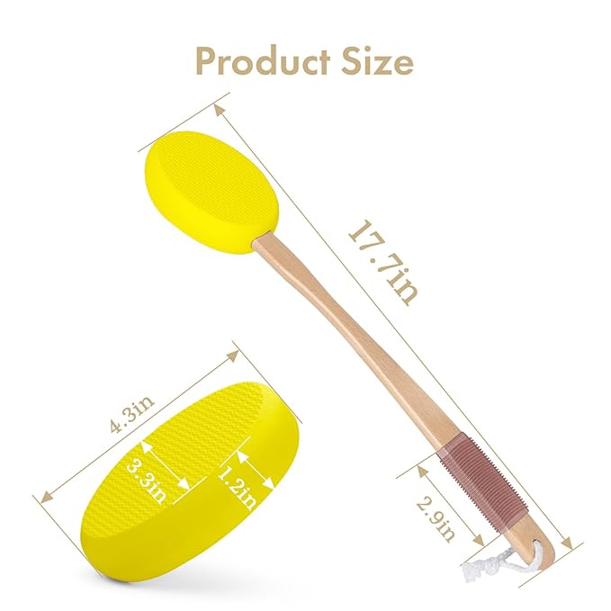 AmazerBath Lotion Applicator for Back, Feet, 4 Replacement Pads with 17" Curved Handle, Back Sunscreen Applicator for Kids, Elderly, Women, Apply Skin Cream Medicine Moisturizer Tanner, Lemon Yellow