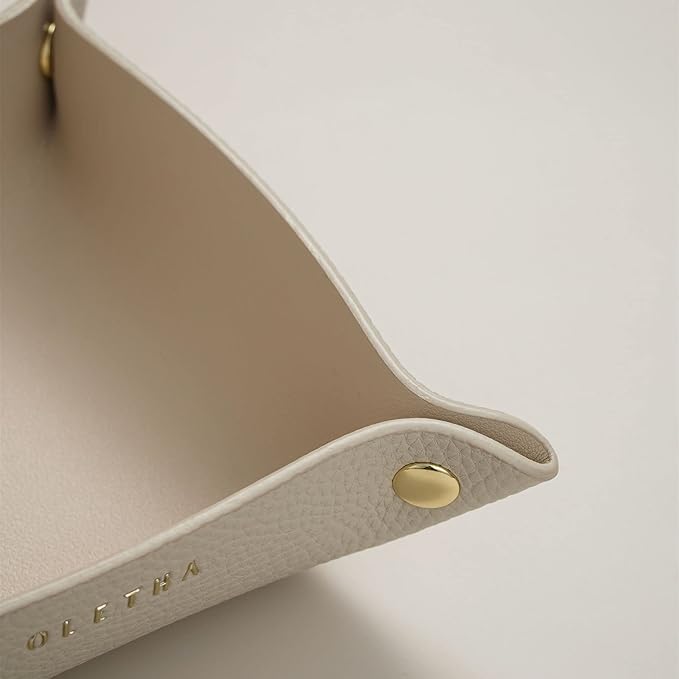 OLETHA Small Foldable Valet Tray, Travel Essentials for Women, Portable Catchall Organizer for Jewelry & Keys, for Hotel Nightstands, Home Office & Desk, Aesthetic Faux Leather, Light Taupe