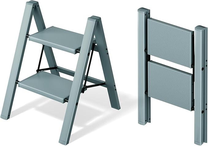 Mayi Plus 2 Step Ladder,Aluminum Folding Step Stool for Adults,Step Ladder with Wide Anti-Slip Pedal,330 lbs Capacity for Home,Office,Kitchen,Library(Blue)