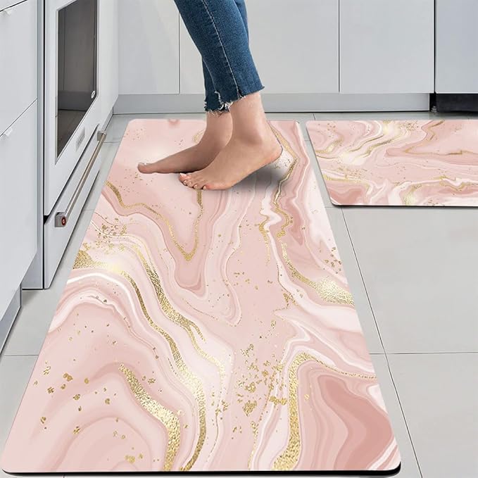 Mrcrypos Pink Gold Marble Kitchen Mats for Floor Set of 2 PVC Kitchen Rug Waterproof Cushioned Anti Fatigue Comfort Mat Non Slip Standing Mat Laundry Kitchen Accessories 17"x29"+17"x47"