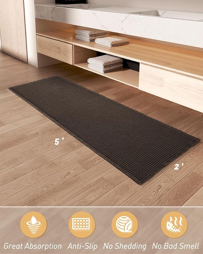 Upgraded Waffle Runner Rug Super Absorbent Non Slip Bath Mats for Bathroom Machine Washable Bathroom Runner Rug with Tassels, Ideal for Hallway Bedroom Laundry Room, Chocolate, 2'x 5'(24" x 60")