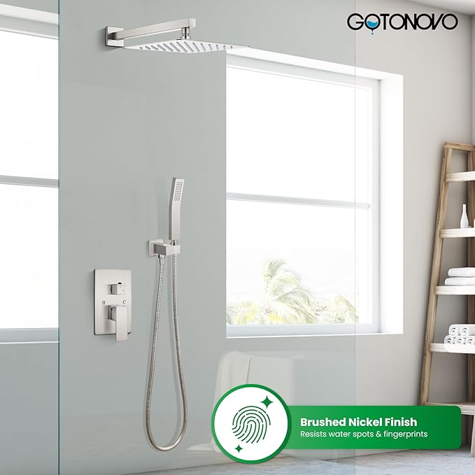 gotonovo Rainfall Bathroom Shower System Rain Shower Head and Handle Set Wall Mounted Shower Complete Combo Solid Brass Pressure Balancing Shower Mixer Valve 10 Inch Brushed Nickel