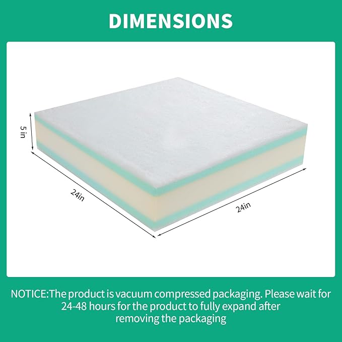HOMBYS Memory Foam Couch Cushion Replacement, High Density Upholstery Foam Wrapped with Memory Foam & Polyester Batting, Sofa Cushions Inserts with Dacron Fiber Layer,with Removable Cover,5"x24"x24"