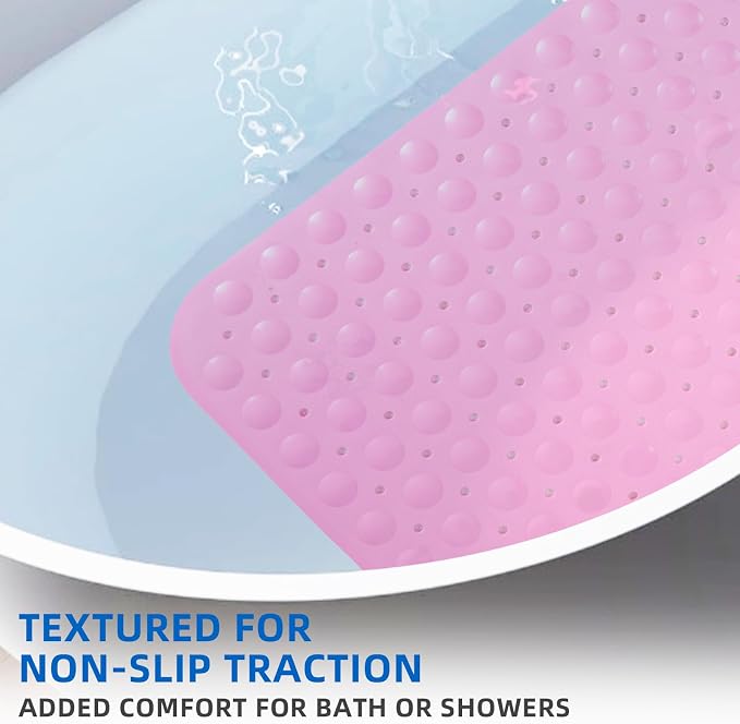 ZHICHENG Bath Tub and Shower Mats, Non-Slip 39 x 16 Inch Extra Long Bath Mat, Machine Washable Bathtub Mat with Drain Holes, Suction Cups for Bathroom (Pink)