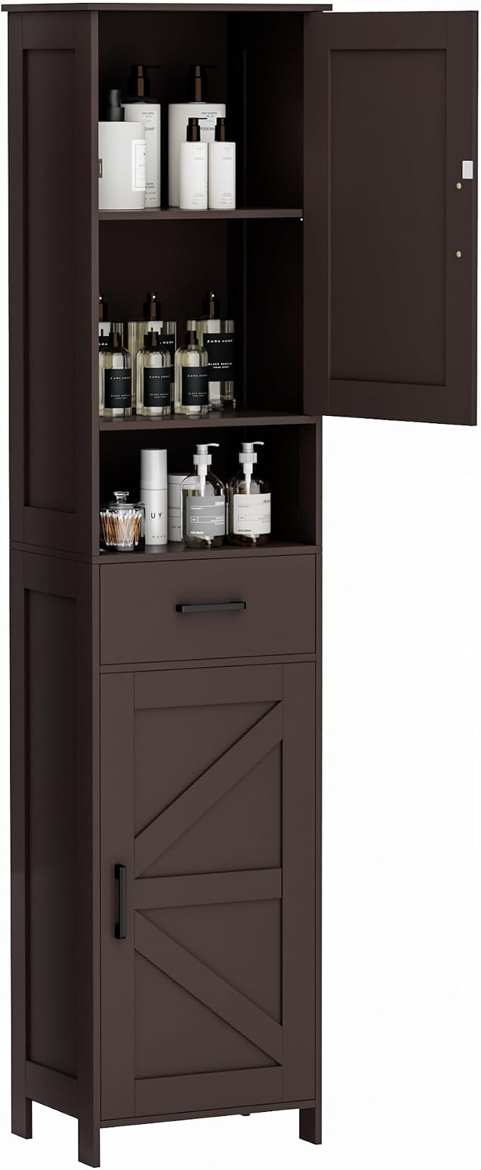 Homhedy 67" H Tall Bathroom Storage Cabinet with 2 Barn Doors and 1 Drawer, Narrow Storage Unit, Adjustable Shelves, Floor Cabinet for Bathroom, Living Room, Entryway, Kitchen, Brown, (15.7" W)