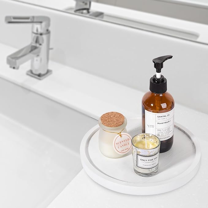 Round Decorative Tray Wood Bathroom Counter Organizer Farmhouse Kitchen Decor Wooden Riser for Soap Dish, Perfume, Candle, Sponge, 9" - White