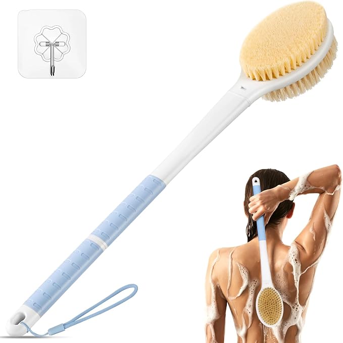 Back Scrubber Body Shower Brush: Anti Slip Long Handle Bath Brush with Stiff and Soft Bristles - Showering Exfoliator Wet or Dry Brushing for Women, Men, Elderly (Blue)