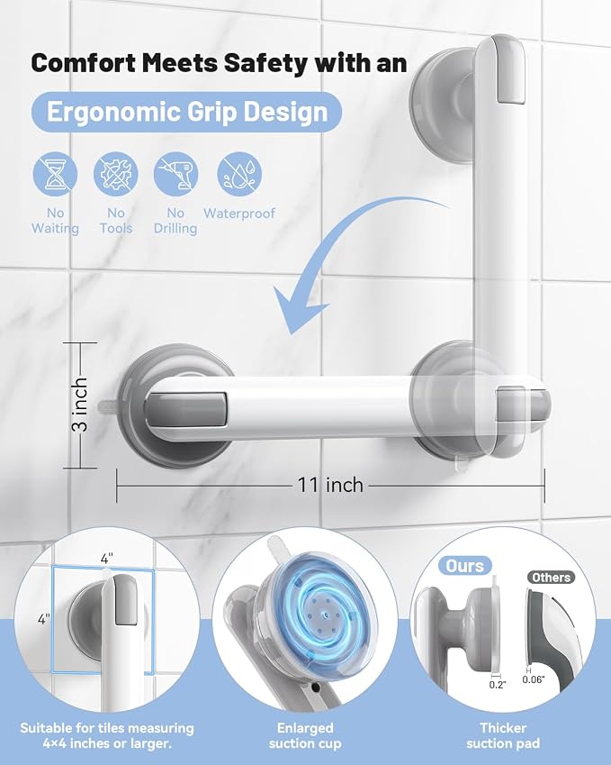 JOTPE Suction Grab Bars for Bathtubs and Showers 2 Pack, Heavy Duty Shower Handle for Seniors, No Drilling Removable Bathroom Safety Bar with Strong Suction for Balance Support, White & Gray