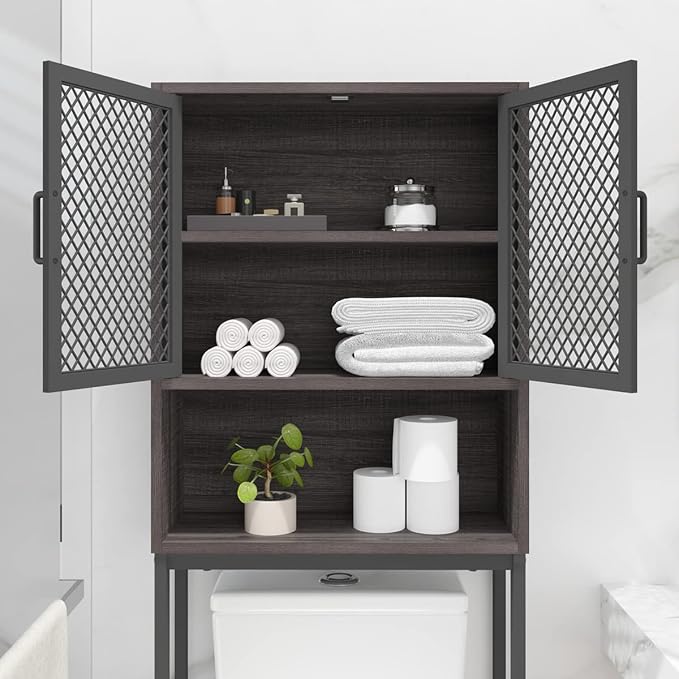 Launica Over the Toilet Storage Cabinet, Over Toilet Bathroom Organizer with Mesh Doors and Shelves, Freestanding Bathroom Storage Cabinet Above Toilet, Wood and Metal, Dark Gray Oak