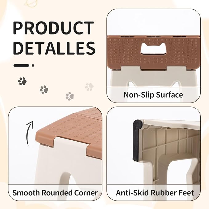 CasaZenith Step Stool Foldable, 9'' Folding Step Stool for Kids & Adults, Hold Up to 300lb, Lightweight Small Collapsible Step Stools with Handle, Stepping Stools Suitable for Kitchen Bathroom (Khaki)