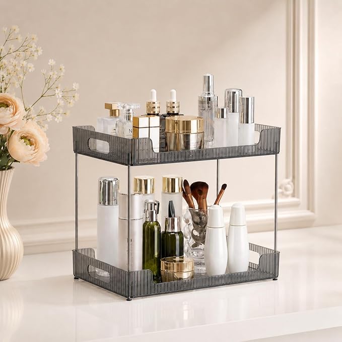Goderewild Bathroom Counter Organizer, Multi-Purpose Cosmetics Skincare Shelf, Makeup Organizer for Vanity Tray, Countertop Storage Solution for Kitchen and Bath. (Smoky Gray, 2-Tier)