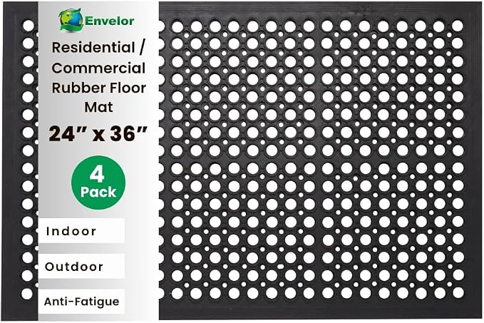 Envelor 4 Pack Anti Fatigue Mats for Kitchen Floor, Rubber Bar Mats, Non Slip Commercial Floor Mat with Drainage Holes, Indoor Outdoor Rubber Mat for Restaurant, Garage, Entryway 24 x 36 in