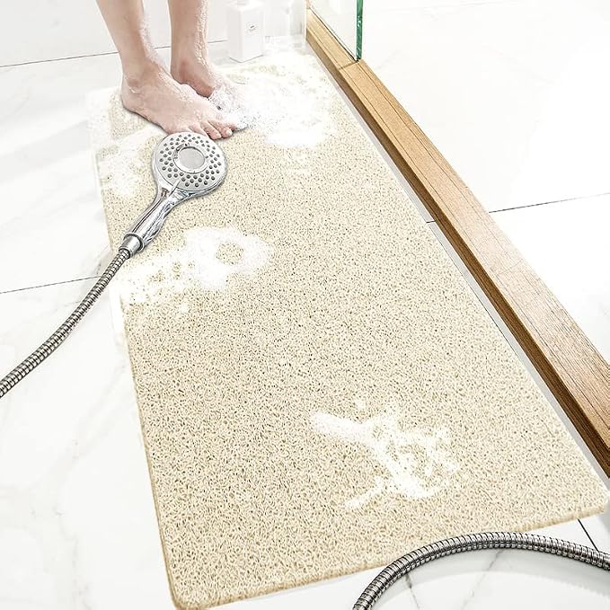 SONGZIMING Shower Mat Non Slip Without Suction Cup, 32x17 Inch PVC Loofah Shower, Bath, Tub Mat with Drain for Textured Surface, Quick Drying (Beige)