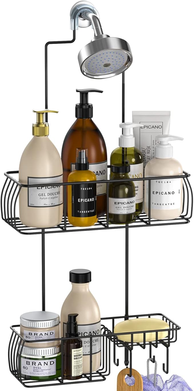 Epicano Shower Caddy Hanging Over Head, Matte Black,Stainless Steel | Rustproof,4 Hooks for Towels,Sponge and & Bathroom Accessories,Anti-Swing Suction Cups & Adhesive hooks