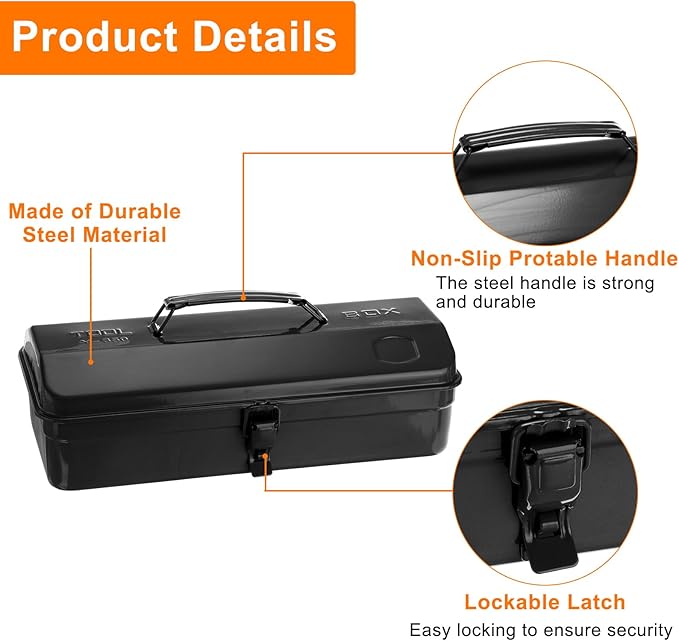 HARFINGTON Tool Box 14.2" Portable Steel Tool Box Hip Roof Style with Metal Latch Closure Tool Chest for Household Workshop Car, Black