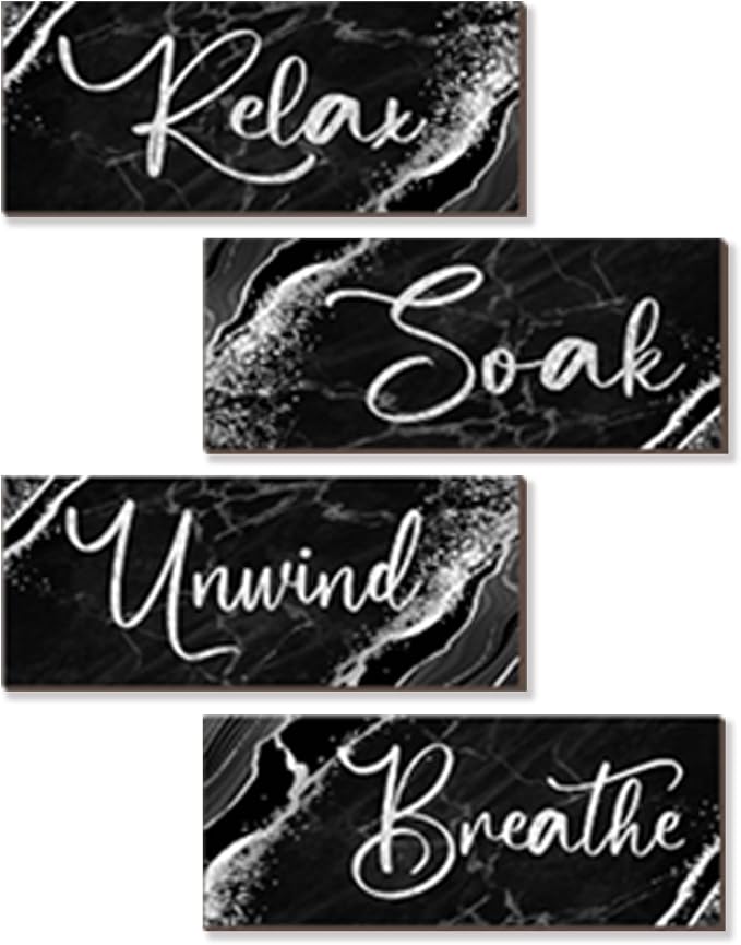 ONIZHITY 4 Pcs Black And Silver Bathroom Decor Wall Signs Relax Soak Unwind Breathe Wooden Rustic Marble Style Bathroom Accessories for Bedroom Living Room Kitchen Decoration(Black Silver 10X4")