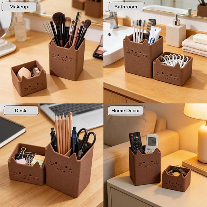 Office Desk Accessories, Set of 2 Pencil Cups, Cute Cat Pen Holder, Cute Desk Decor, Bathroom Organizer, Toothbrush Holders with Drainage, Makeup Brush Organizer, Cat Lover Gifts (Brown)